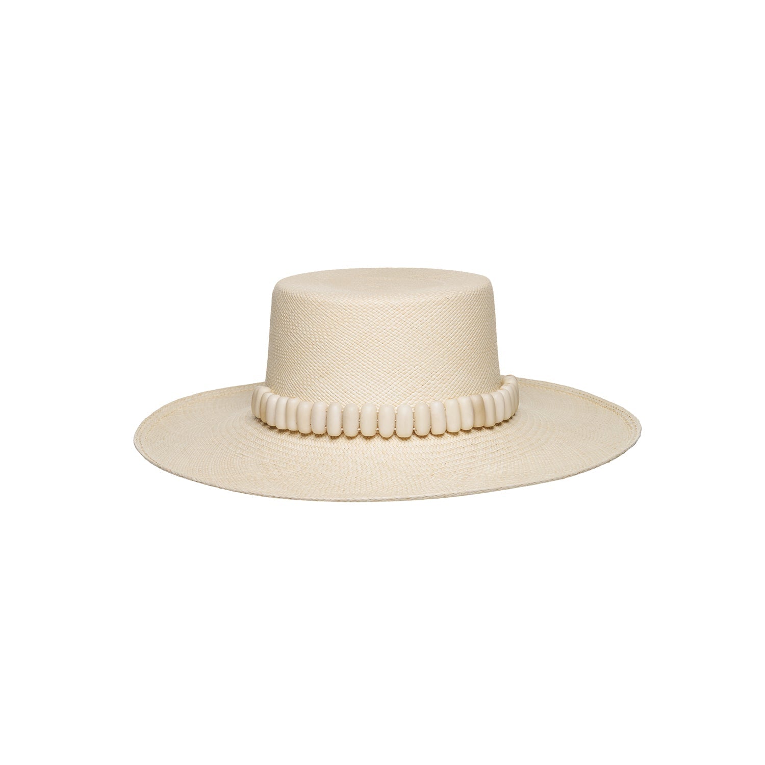 Beige straw boater hat from Raku - Wide Brim adorned with tagua nut beads