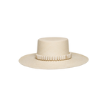 Beige straw boater hat from Raku - Wide Brim adorned with tagua nut beads