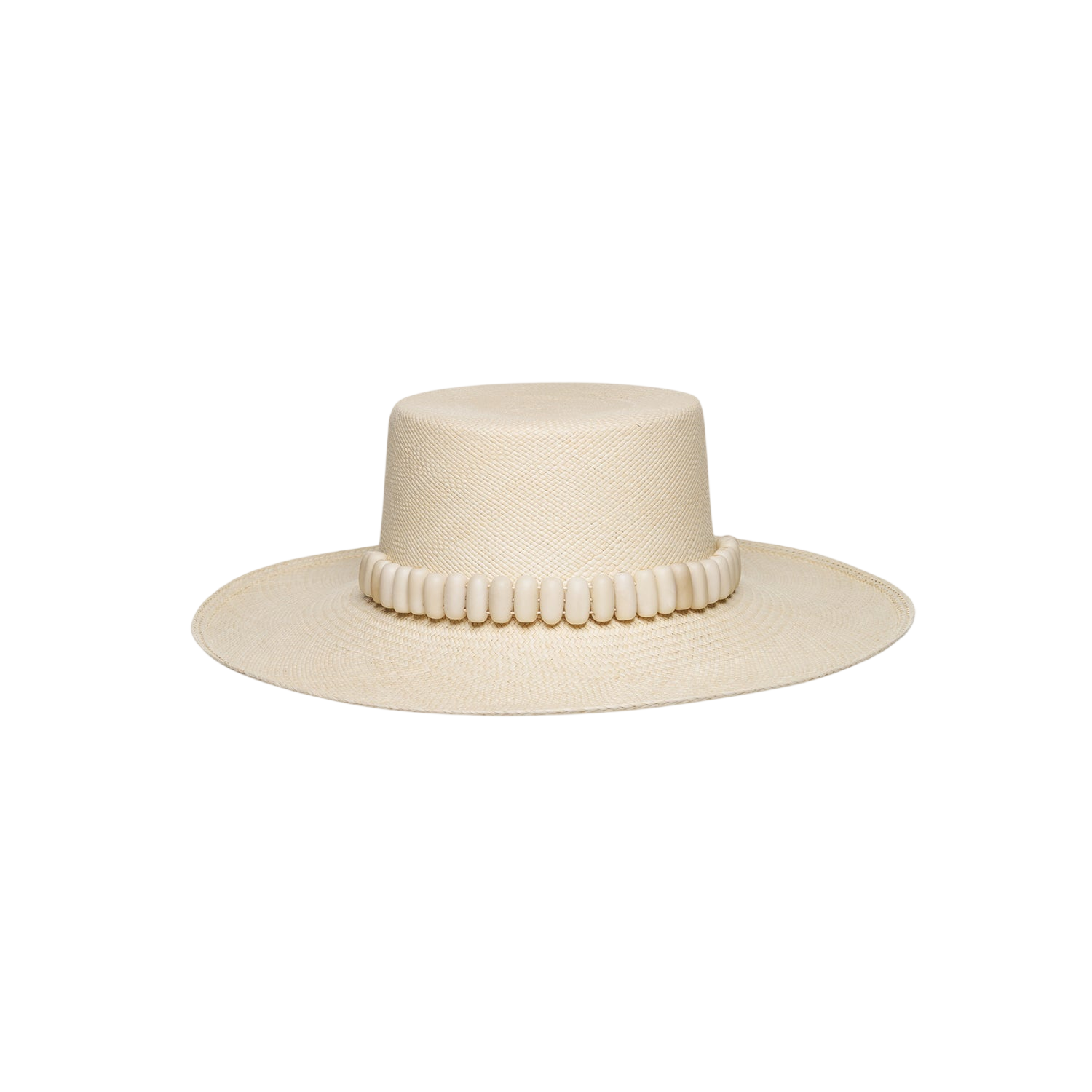 Beige straw boater hat from Raku - Wide Brim adorned with tagua nut beads