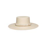 Beige straw boater hat from Raku - Wide Brim adorned with tagua nut beads