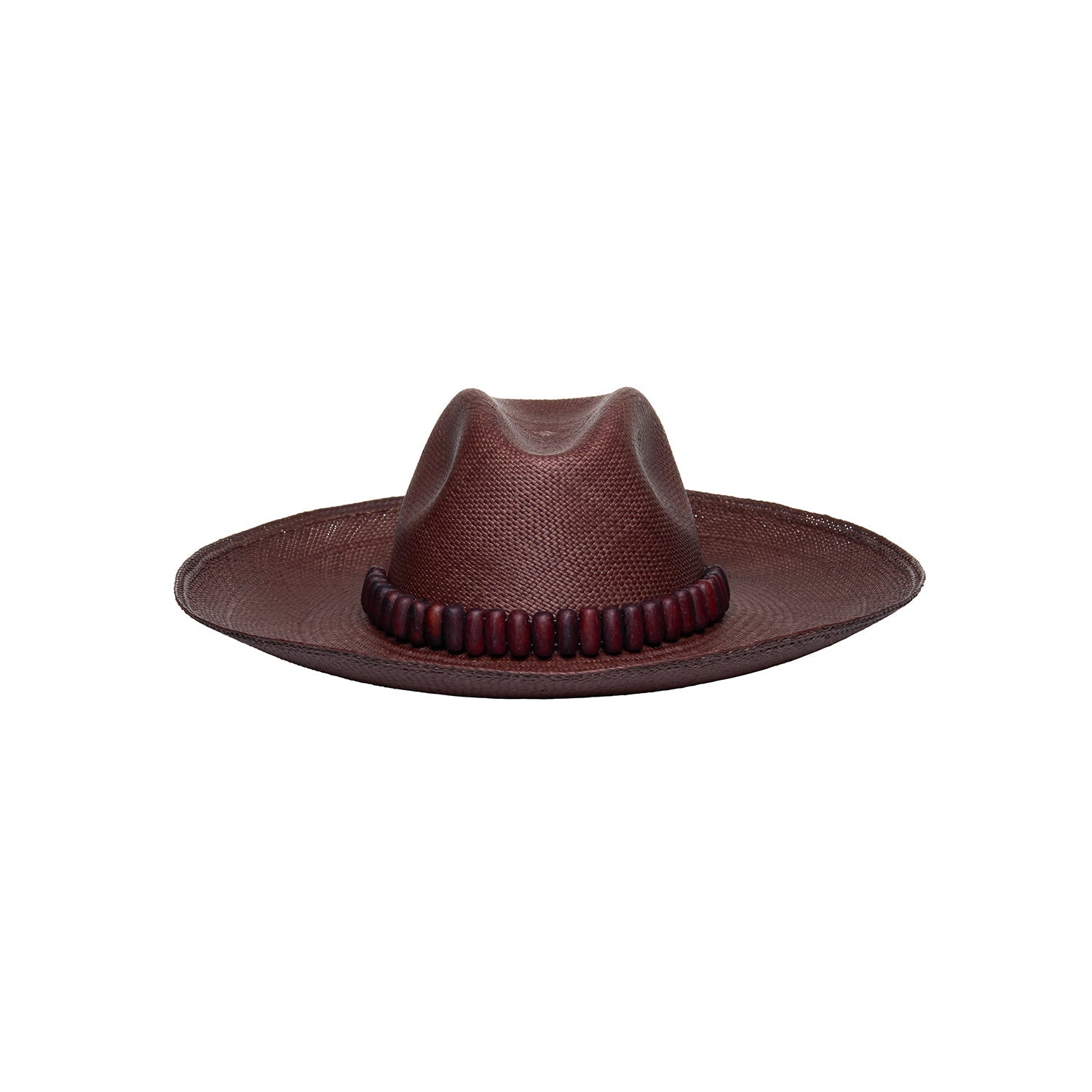 Brown woven cowboy hat with beaded band, featuring a wide brim and made from toquilla straw