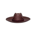 Brown woven cowboy hat with beaded band, featuring a wide brim and made from toquilla straw