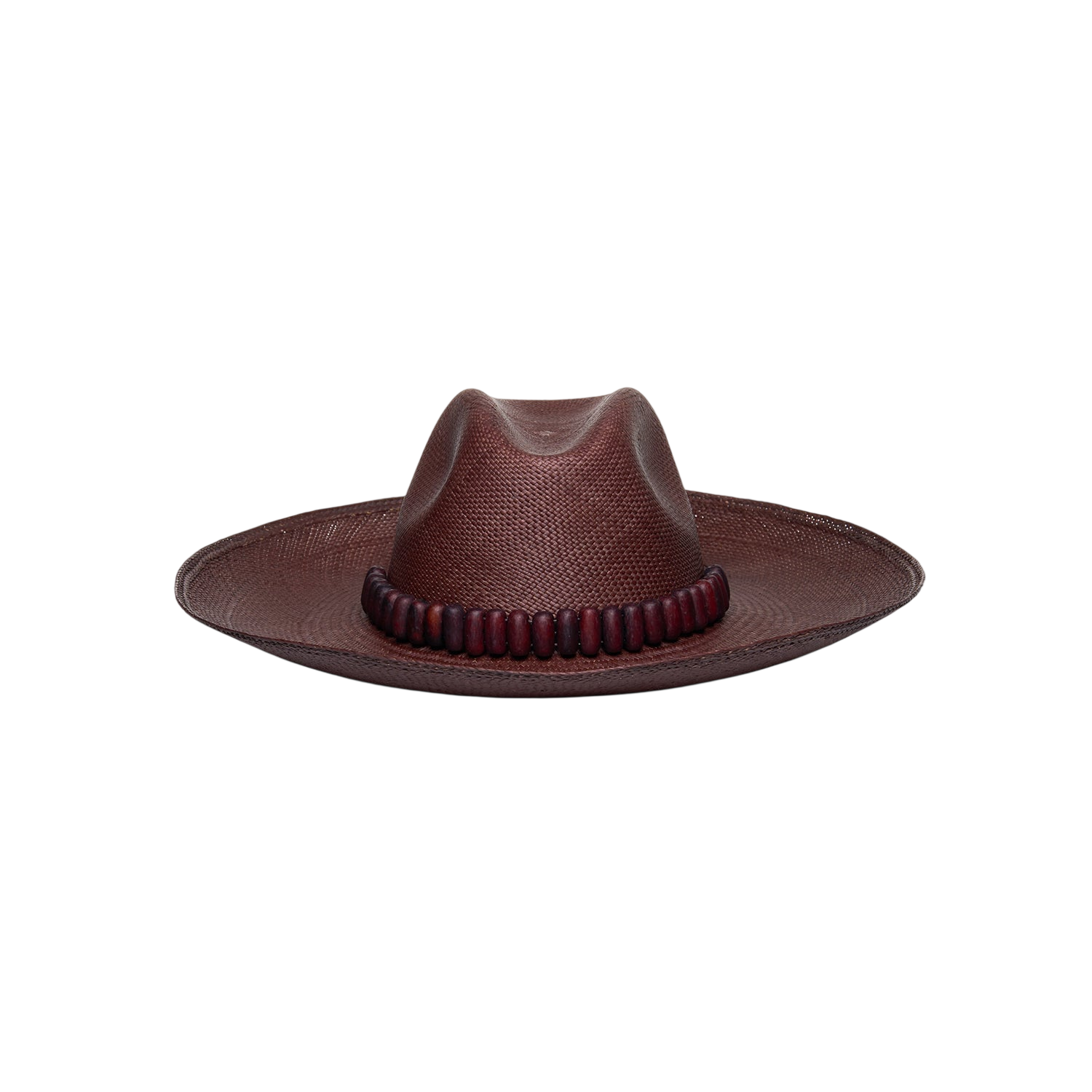 Brown woven cowboy hat with beaded band, featuring a wide brim and made from toquilla straw