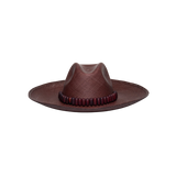 Brown woven cowboy hat with beaded band, featuring a wide brim and made from toquilla straw