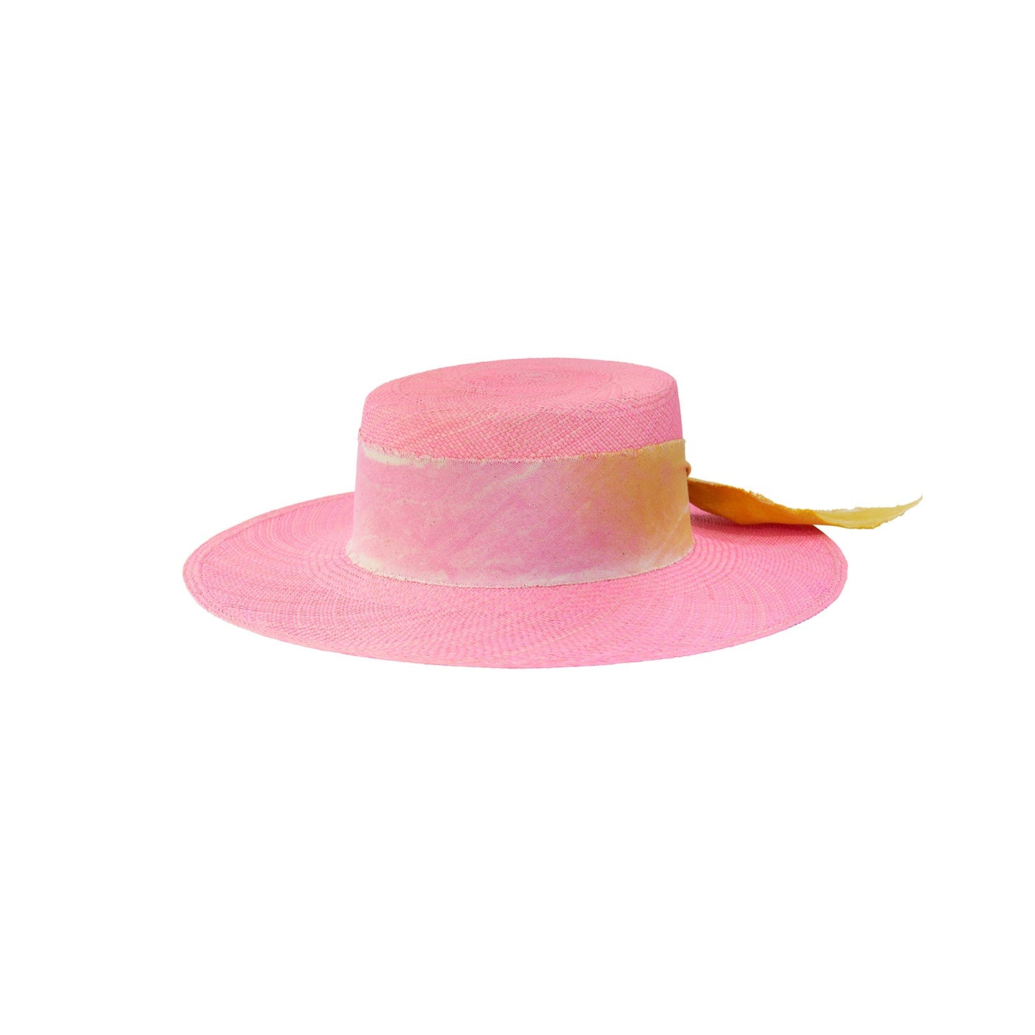Pink toquilla straw boater hat with ribbon and custom initials, hand dyed for elegance