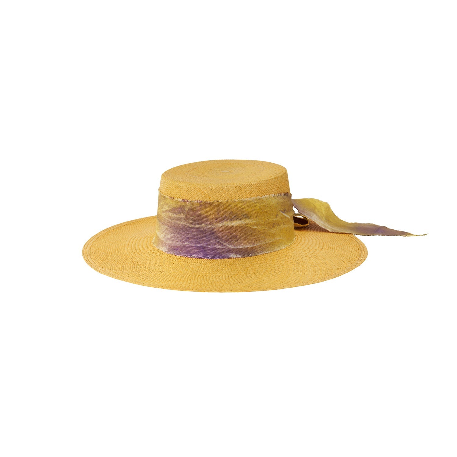 Yellow hand dyed toquilla straw boater hat with ribbon and custom initials detail