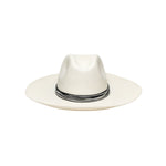 White toquilla straw hat with black band from Lagos, featuring custom initials and sustainable materials