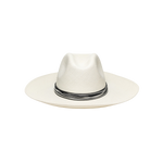 White toquilla straw hat with black band from Lagos, featuring custom initials and sustainable materials