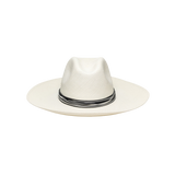 White toquilla straw hat with black band from Lagos, featuring custom initials and sustainable materials