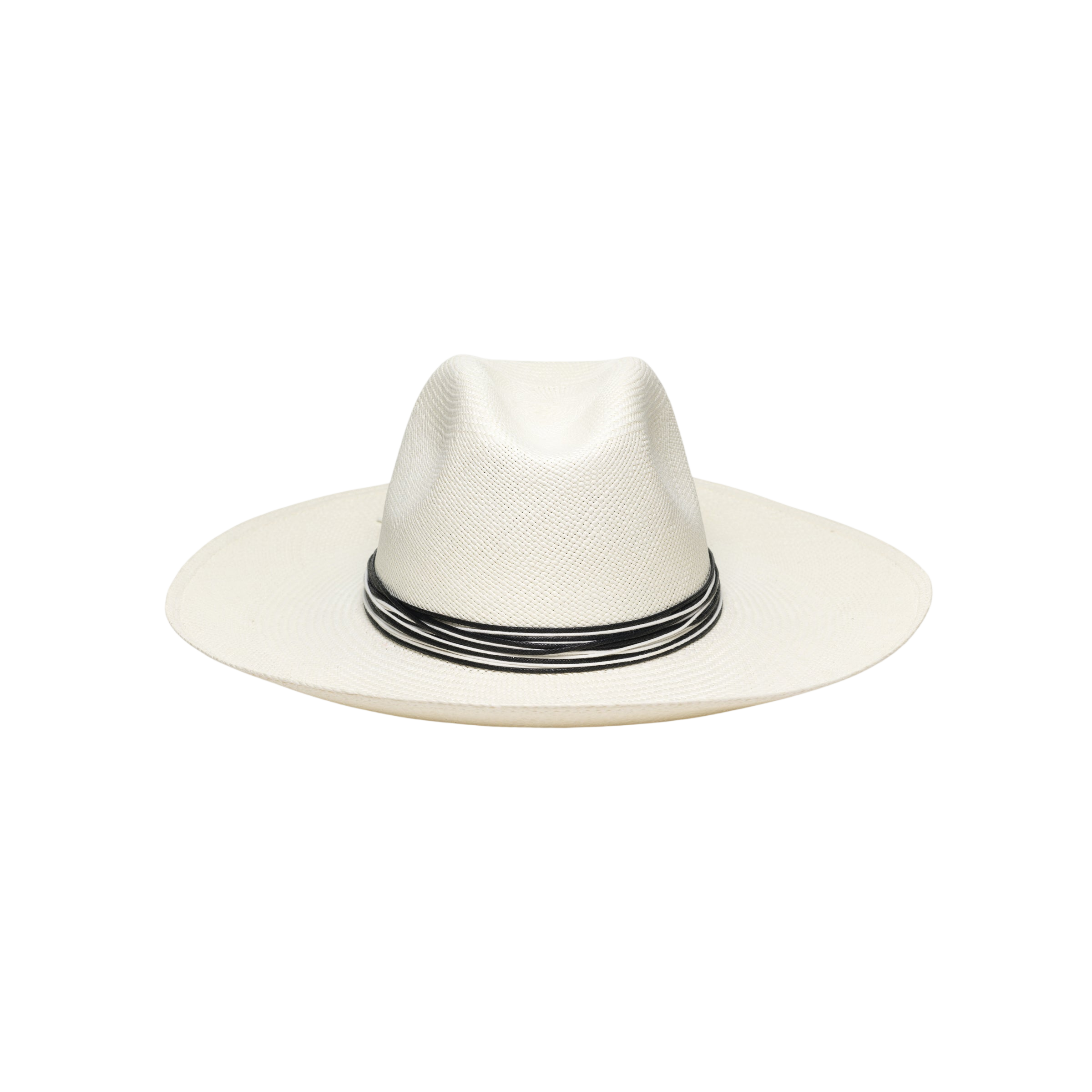 White toquilla straw hat with black band from Lagos, featuring custom initials and sustainable materials