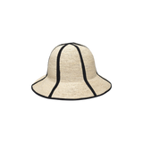 Woven straw sun hat with black trim, crafted from natural toquilla straw, Sandra - Foldable