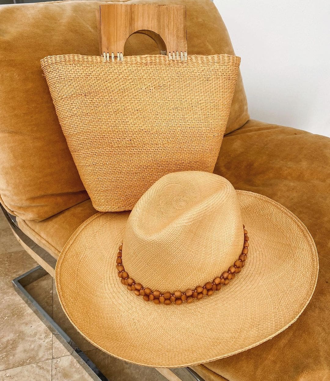 Peoni Wide Brim Toquilla Straw Genuine Panama Hat with matching tote bag