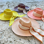 Colorful hand dyed toquilla straw sun hats with ribbon ties from Izu Resort