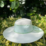 White straw hat with light blue ribbon, made of hand dyed Toquilla straw, Genuine Panama Hat