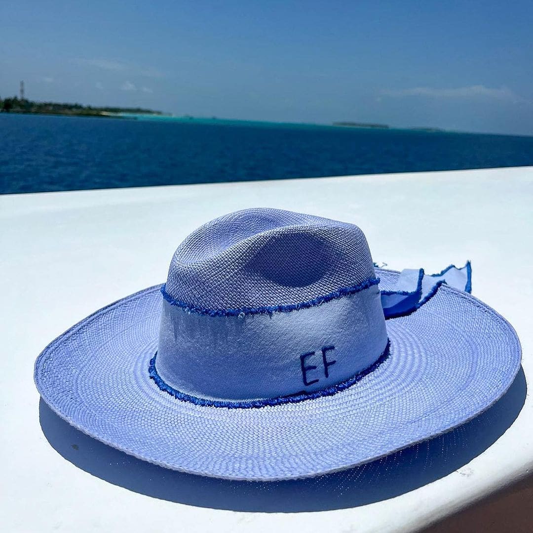 Blue hand dyed toquilla straw hat with initials, genuine Panama Hat from Izu - Resort
