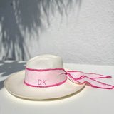 White toquilla straw sun hat with pink ribbon, Izu - Clasico - Custom Initials design
