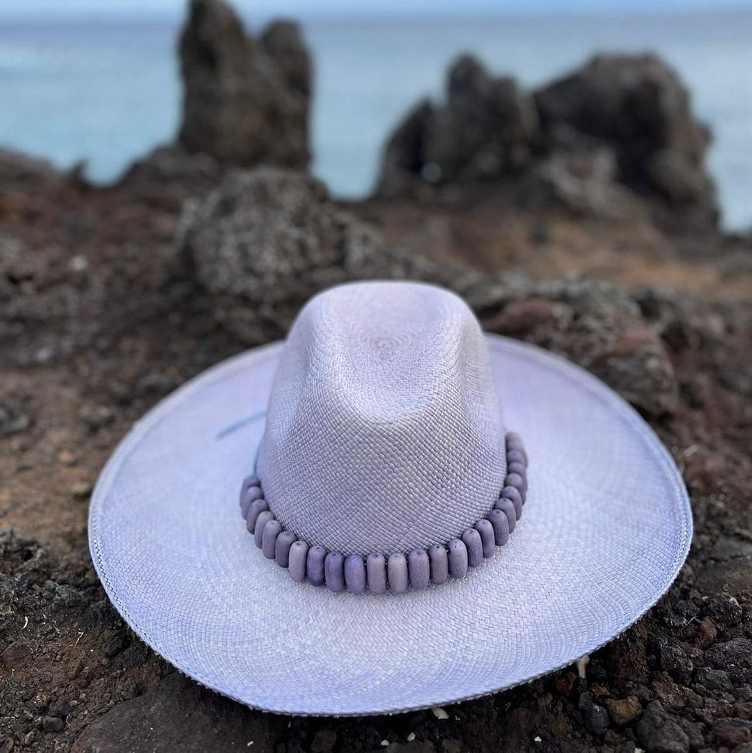 Lavender Wide Brim Shayak Hat made from Toquilla Straw with a beaded band