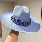 Light blue handcrafted Panama hat with toquilla straw and beaded band