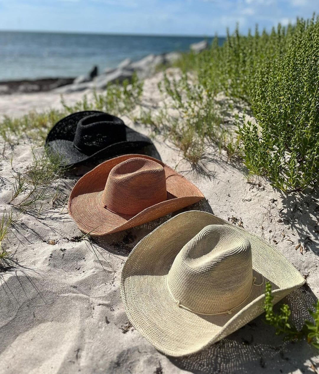 Three Hacienda Packable hats made from sustainable Toquilla straw
