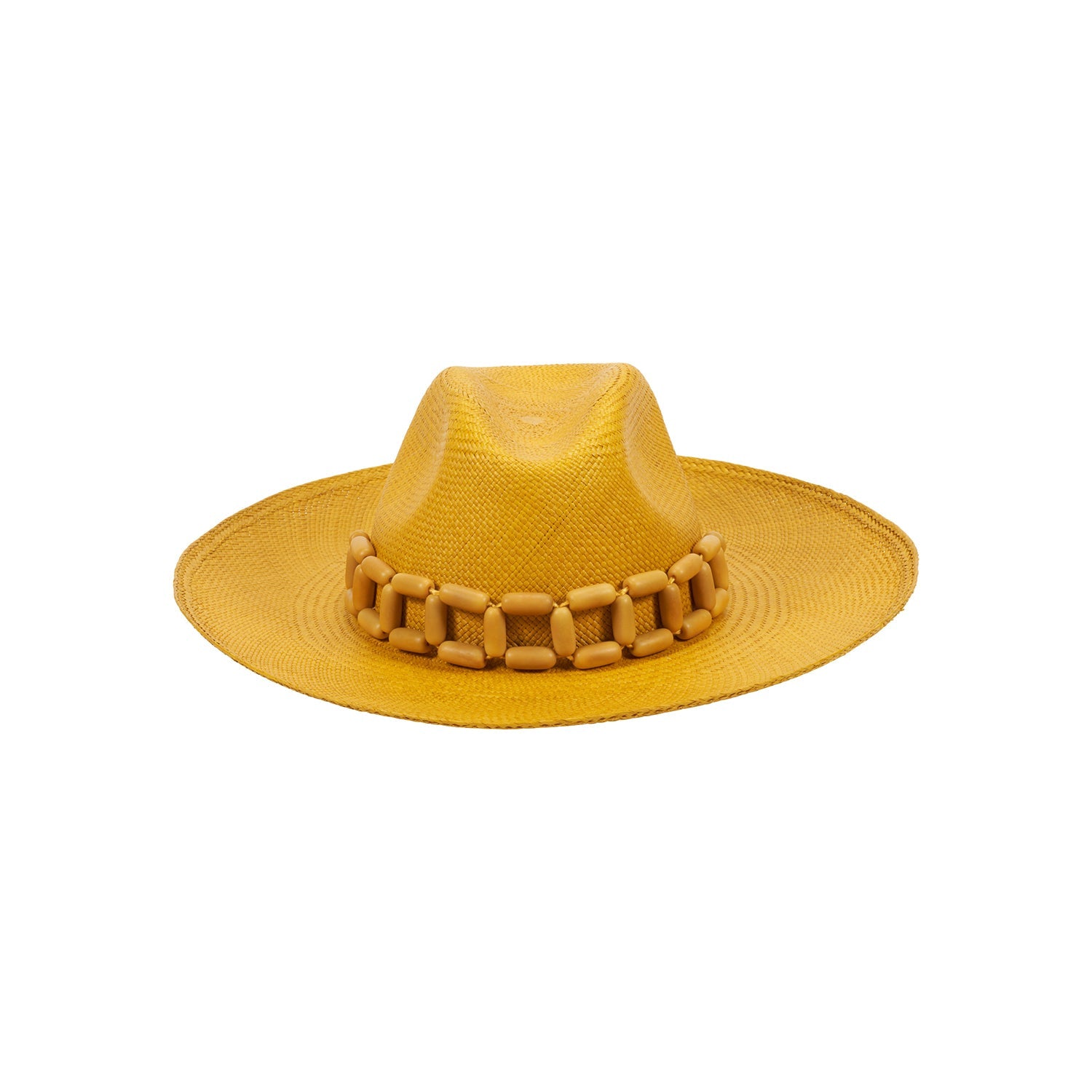 Yellow toquilla straw hat with wooden bead band from Ine, handcrafted Panama hat