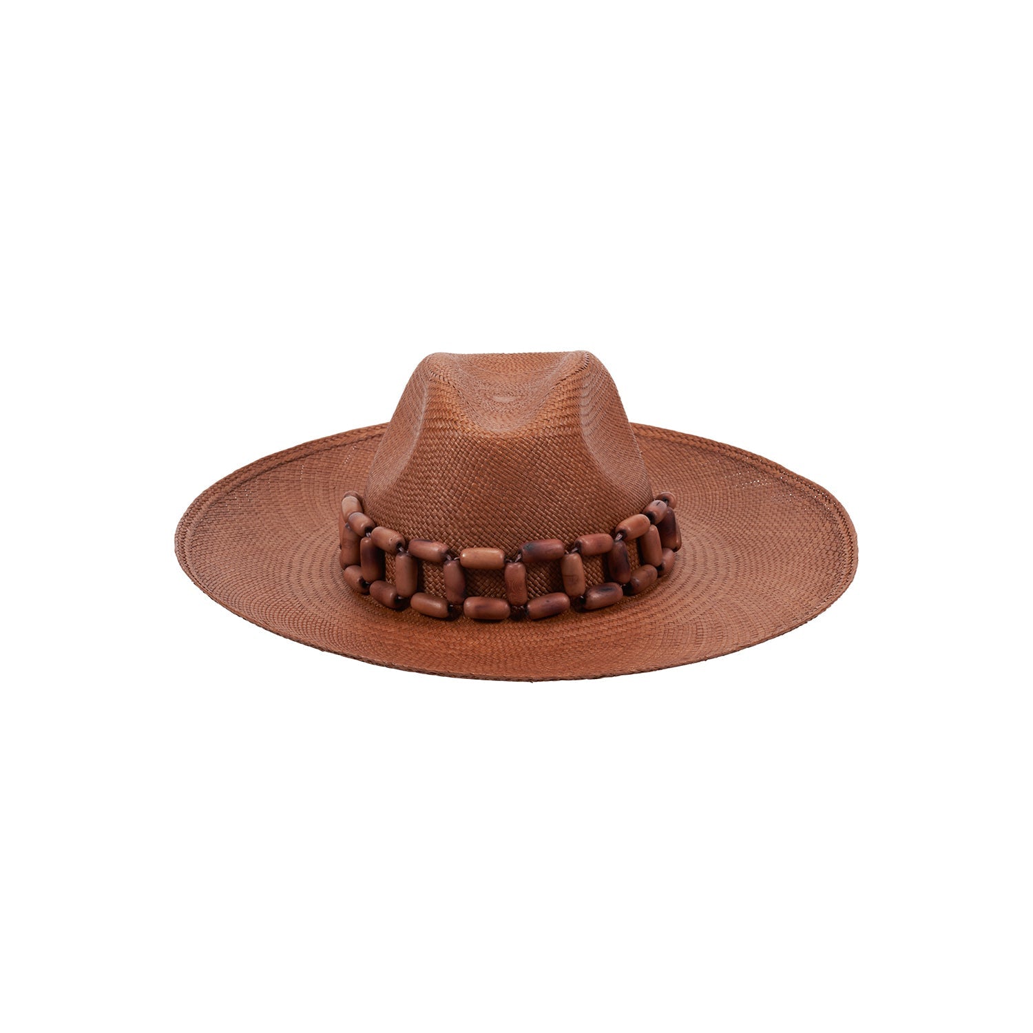 Brown toquilla straw Panama hat with a wooden bead band, handcrafted for style
