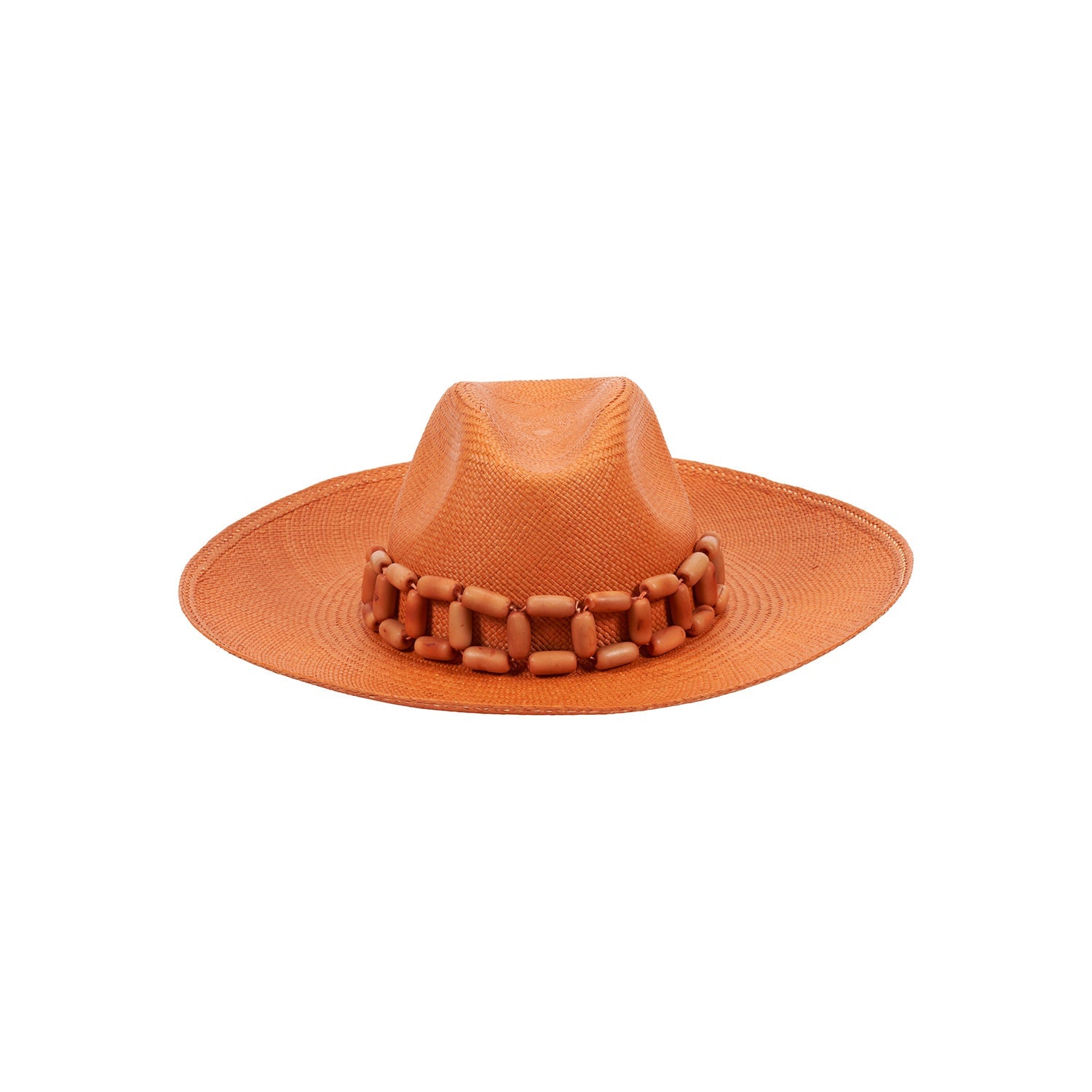Orange toquilla straw cowboy hat with a handcrafted beaded band, named Ine