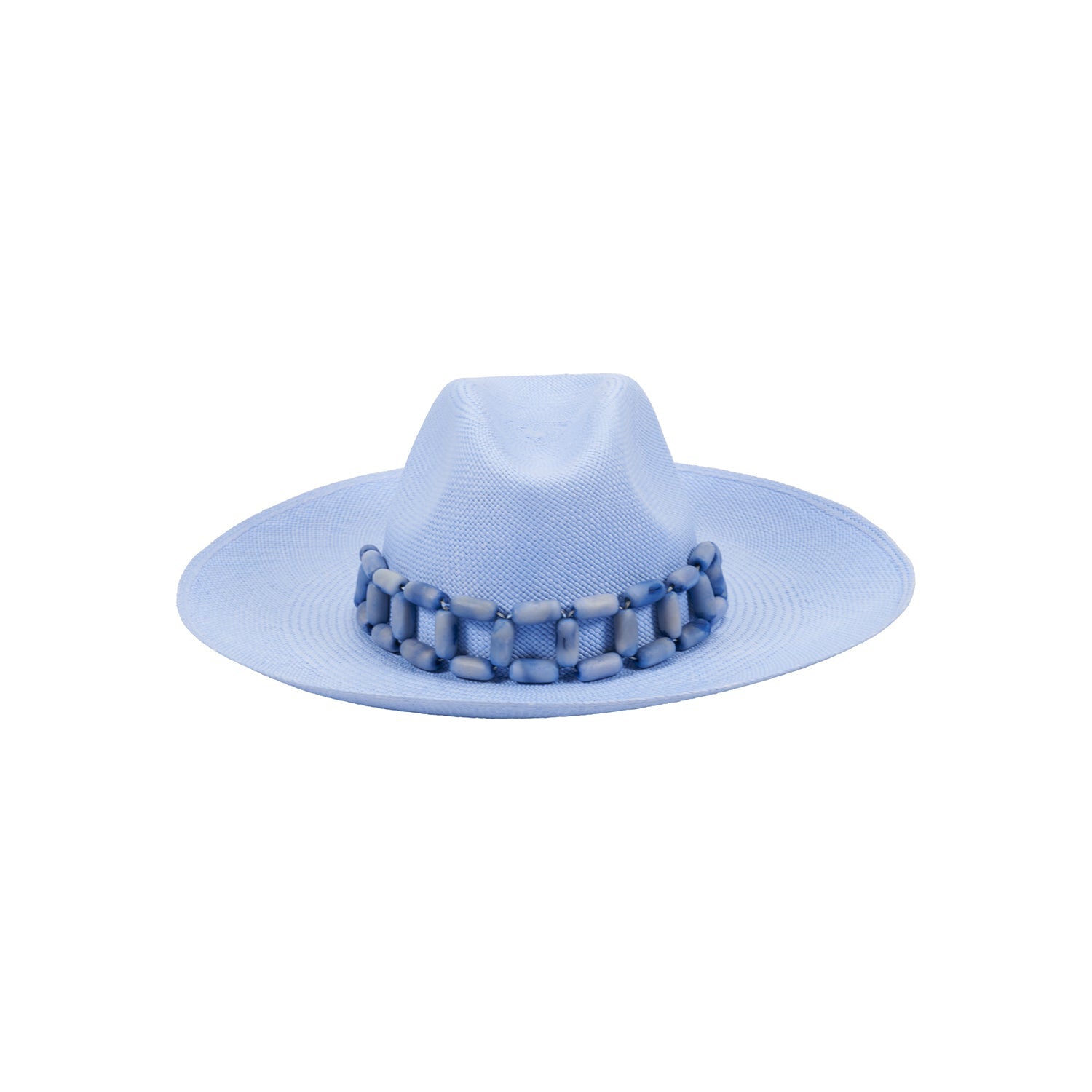 Light blue handcrafted Panama hat with a beaded band, made from toquilla straw