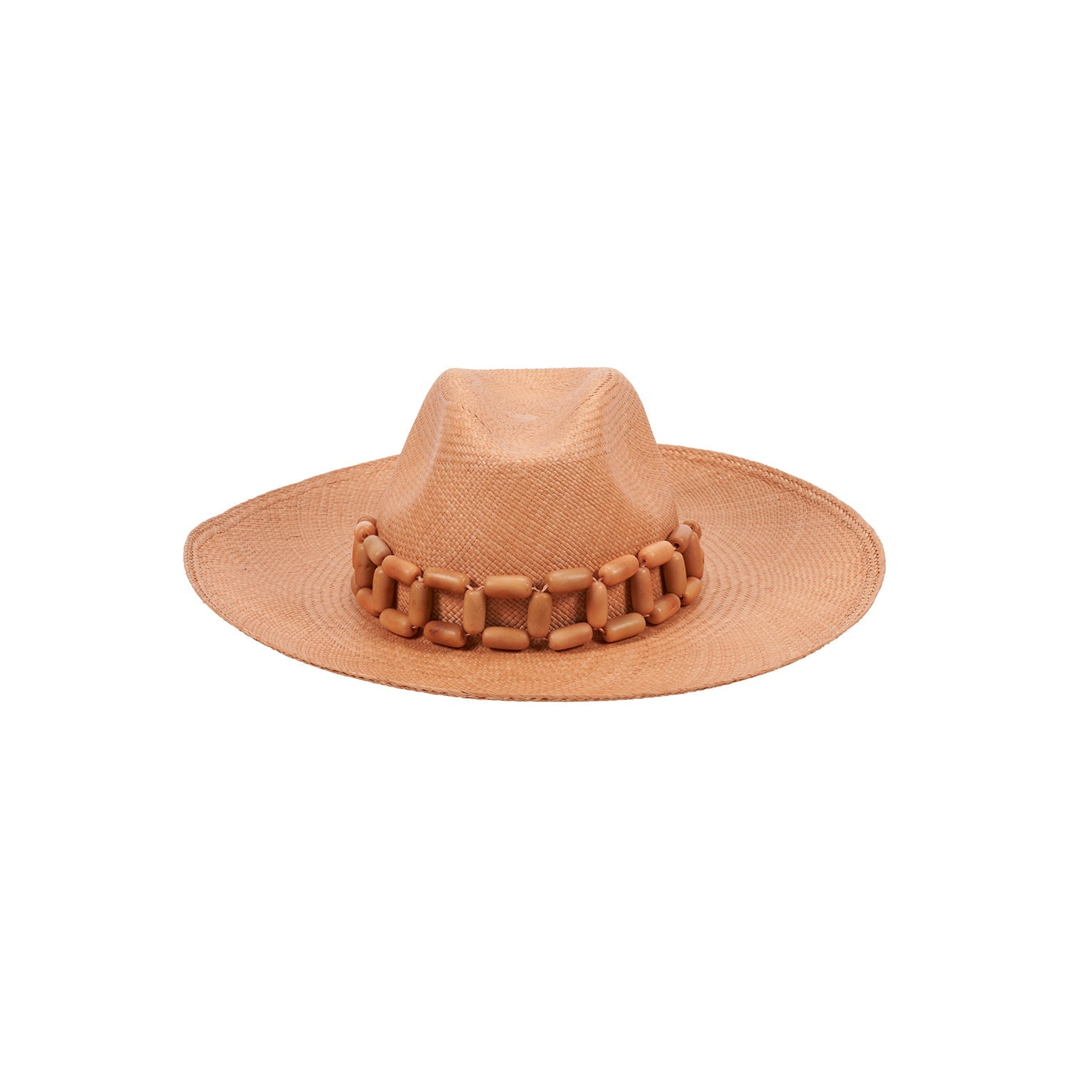 Tan Toquilla straw hat with a wooden bead band, handcrafted Panama hat design