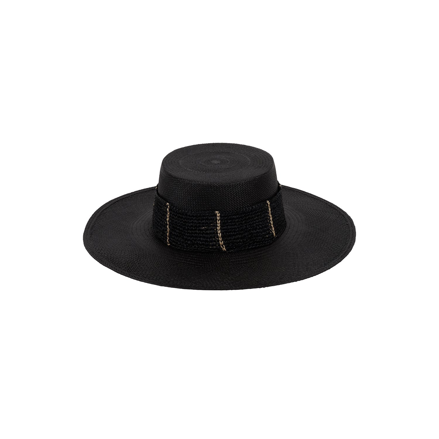 Black straw hat named Toledo featuring a beaded band, crafted from natural toquilla straw