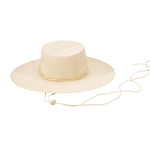 Beige toquilla straw Jacaranda boater hat with chin strap and wide brim style