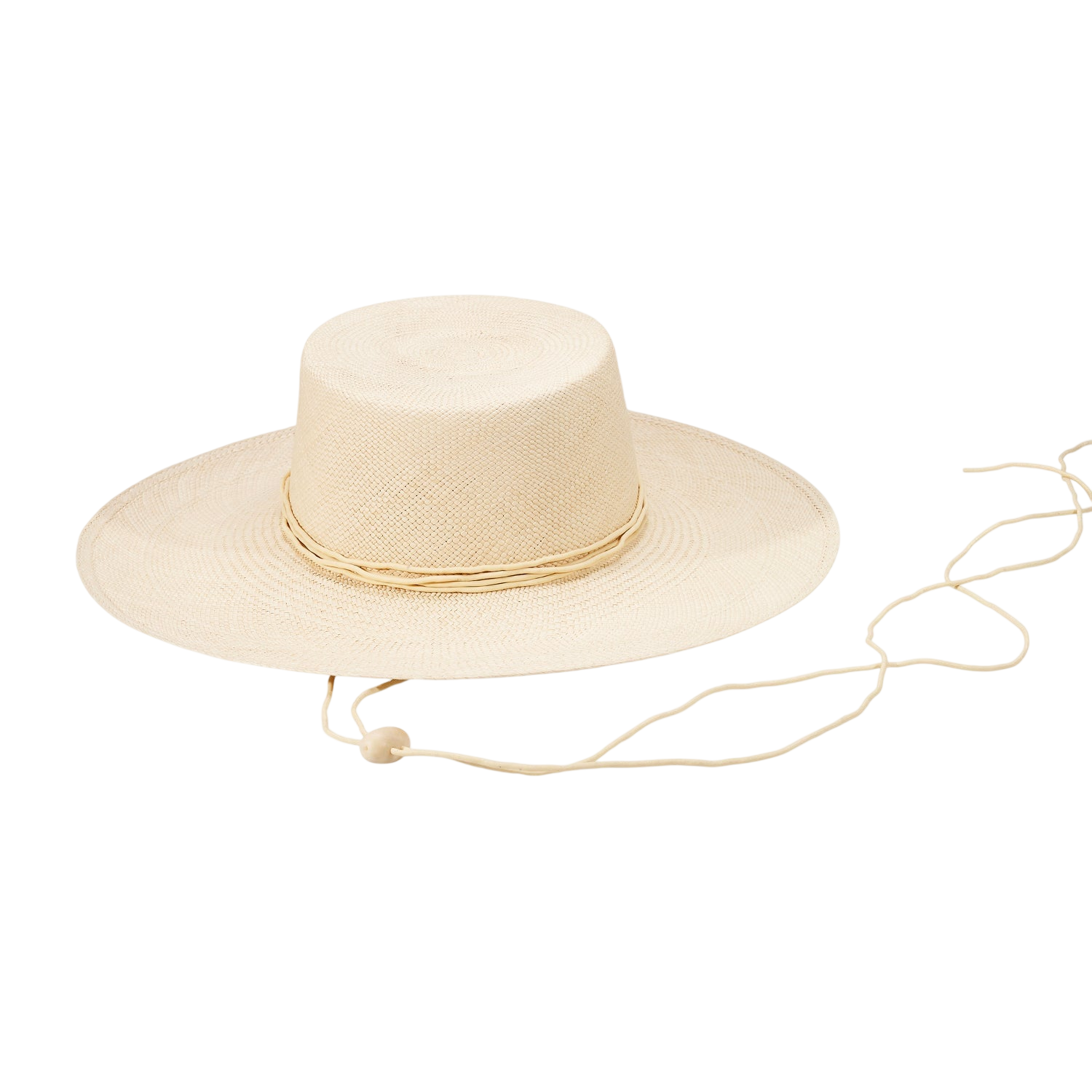 Beige toquilla straw Jacaranda boater hat with chin strap and wide brim style