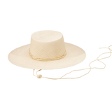 Beige toquilla straw Jacaranda boater hat with chin strap and wide brim style