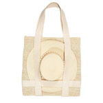 Woven tote bag with hat made from natural toquilla straw, perfect for stylish outings