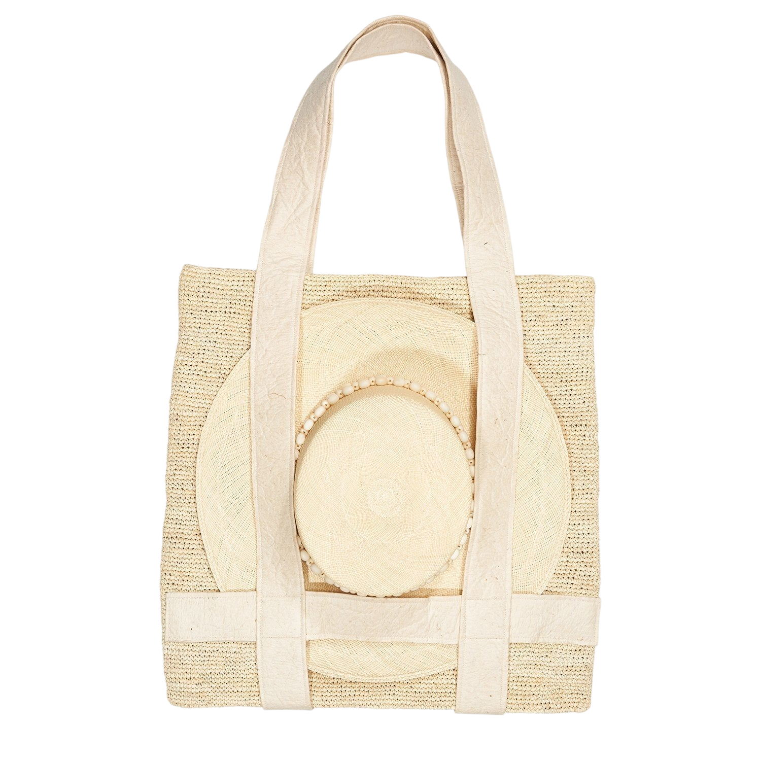 Woven tote bag with hat made from natural toquilla straw, perfect for stylish outings