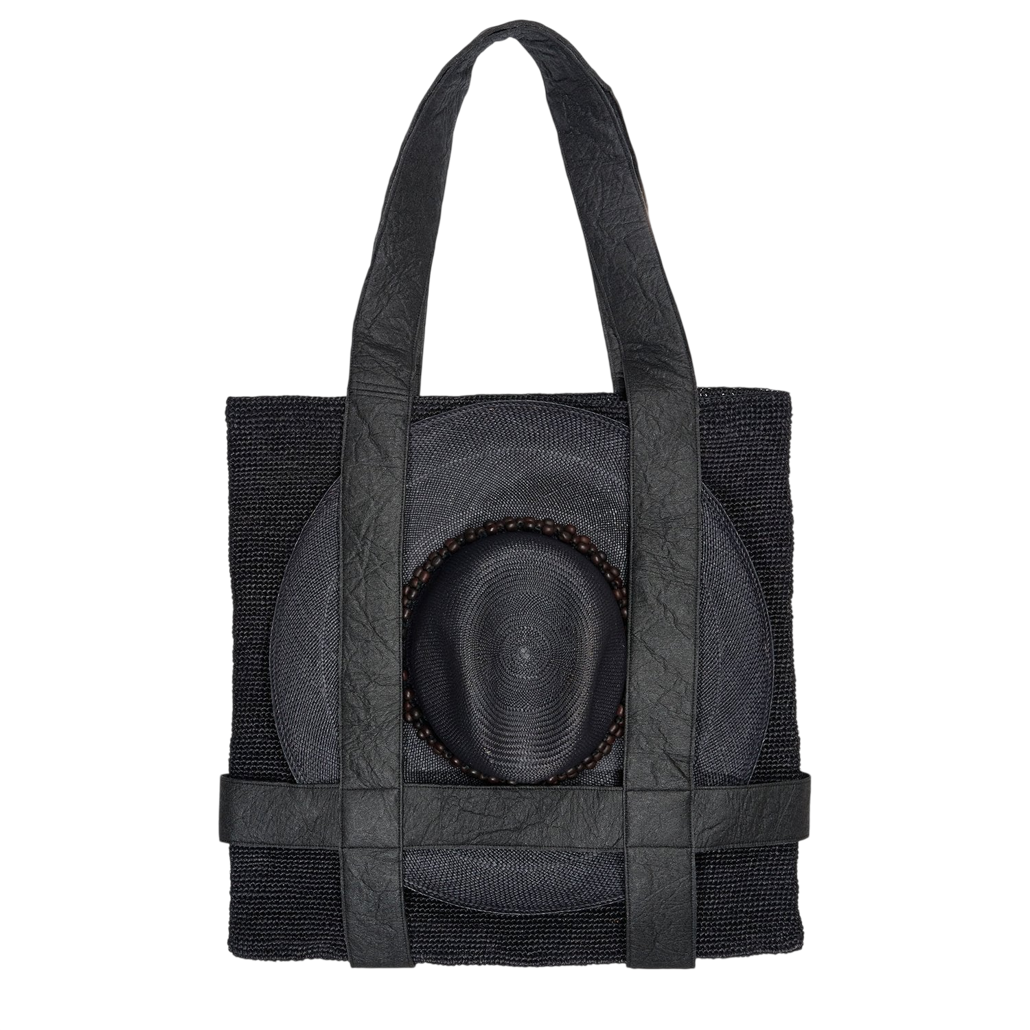 Black tote bag with hat made of natural toquilla straw by Nativa