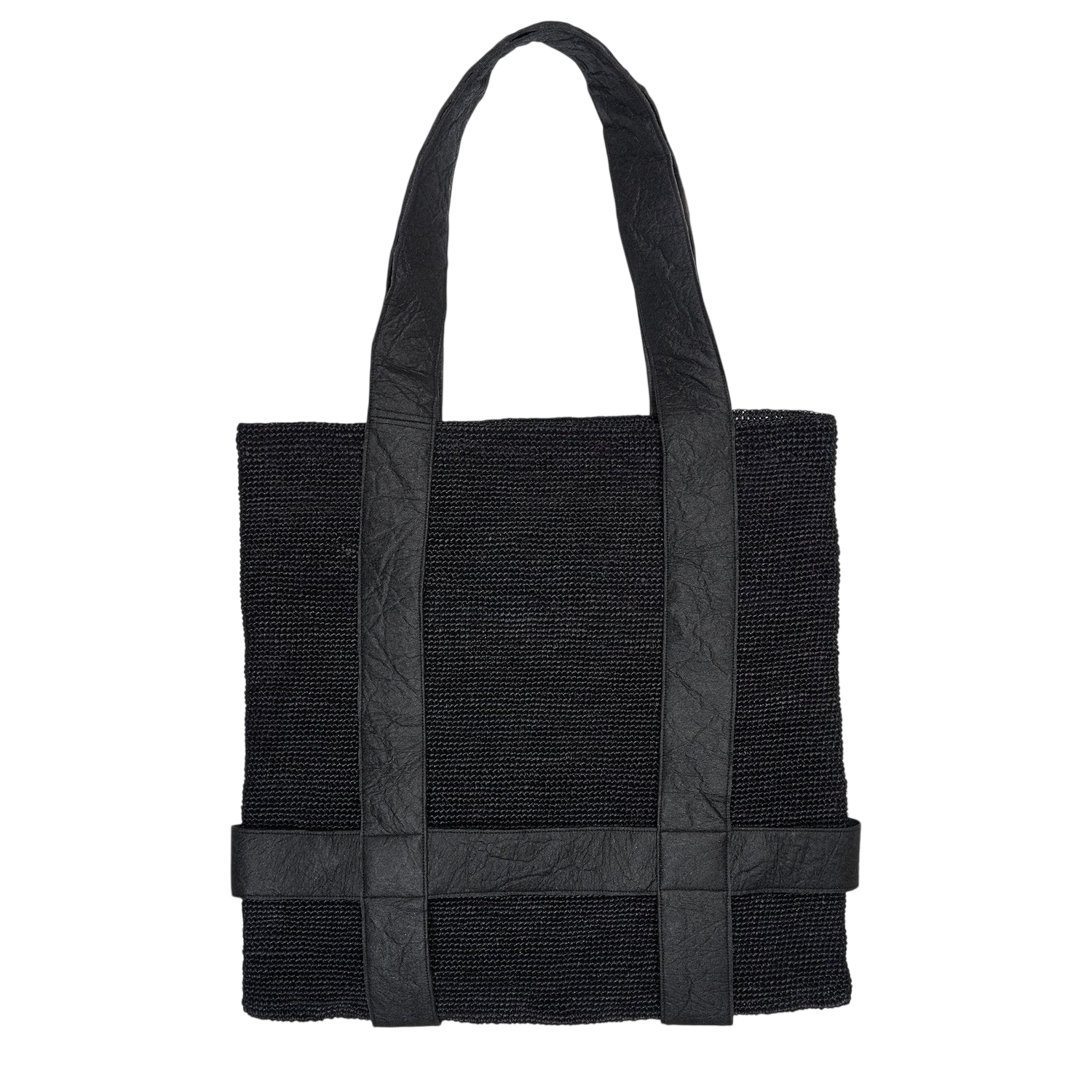 Black woven tote bag with leather straps made of natural toquilla straw Nativa