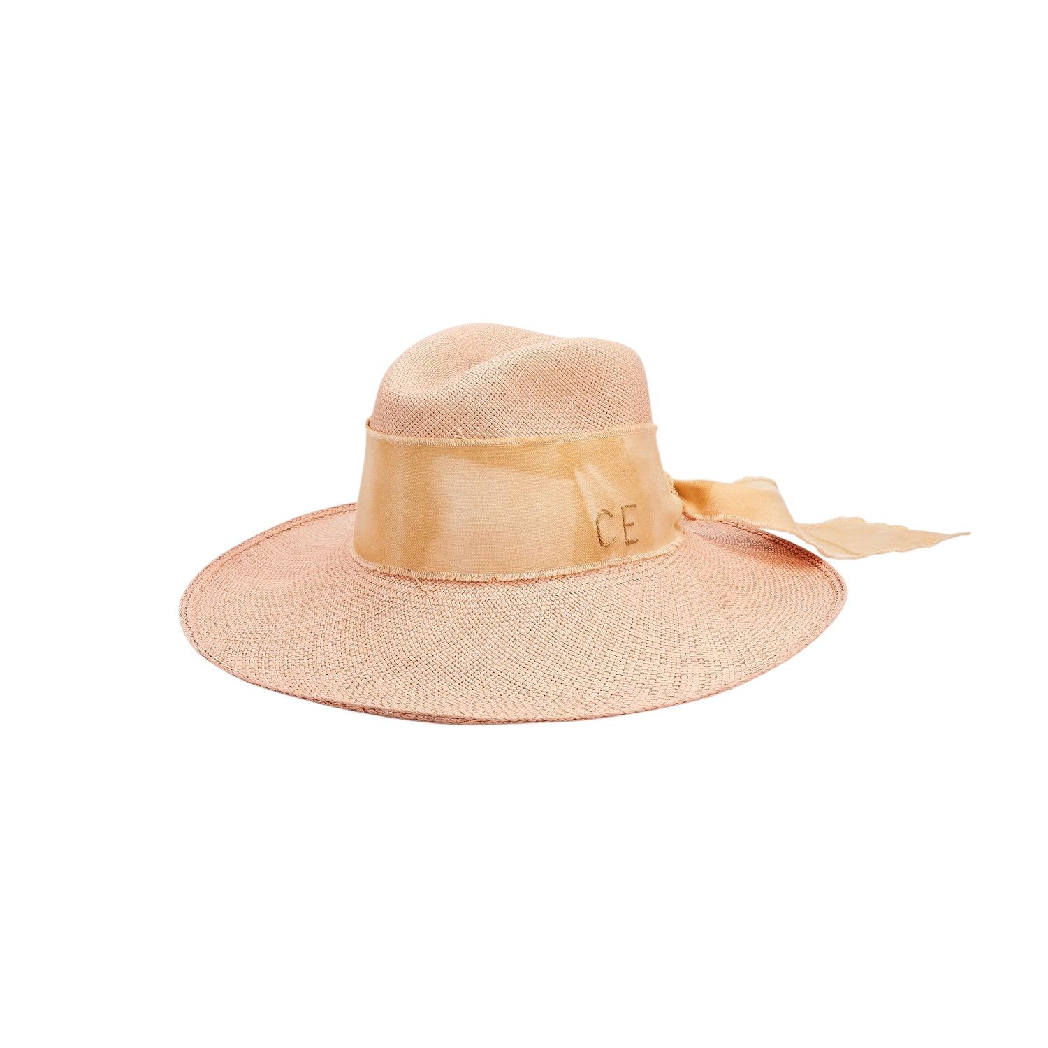 Peach hand dyed toquilla straw hat with ribbon and custom initials design