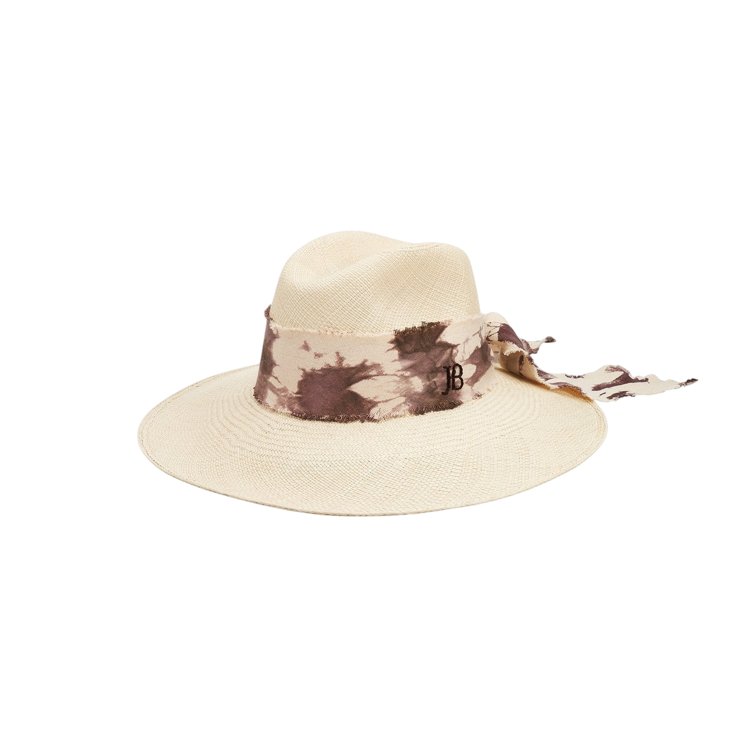 Cream-colored toquilla straw hat with hand dyed tie-dye ribbon and custom initials