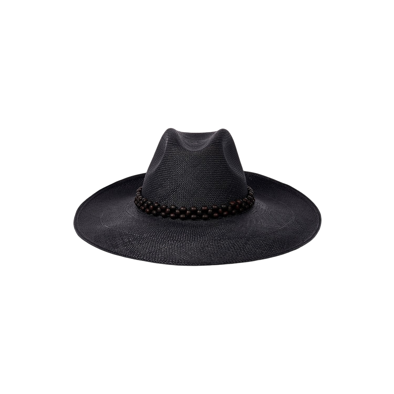 Black straw fedora with beaded band, a stylish wide brim Genuine Panama Hat