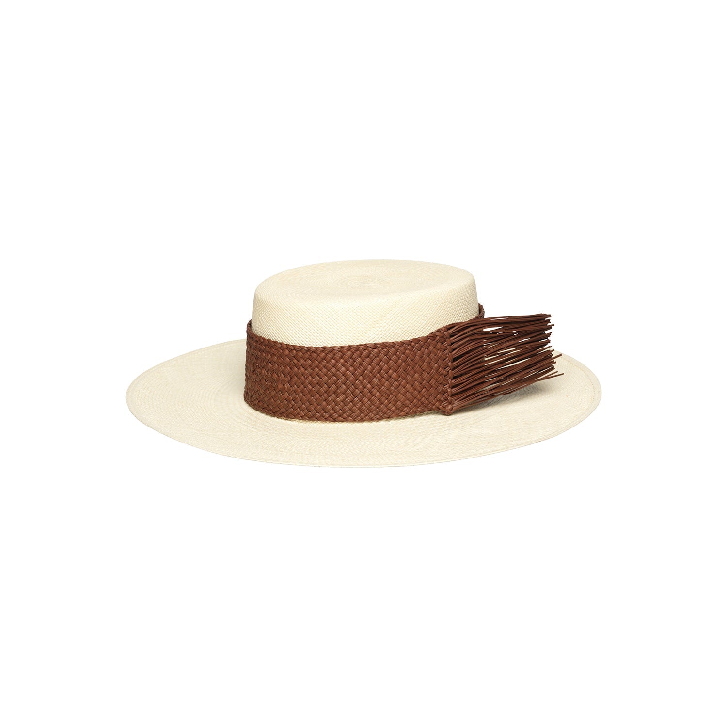 Cream-colored toquilla straw boater hat with brown woven band and fringe, sustainable design