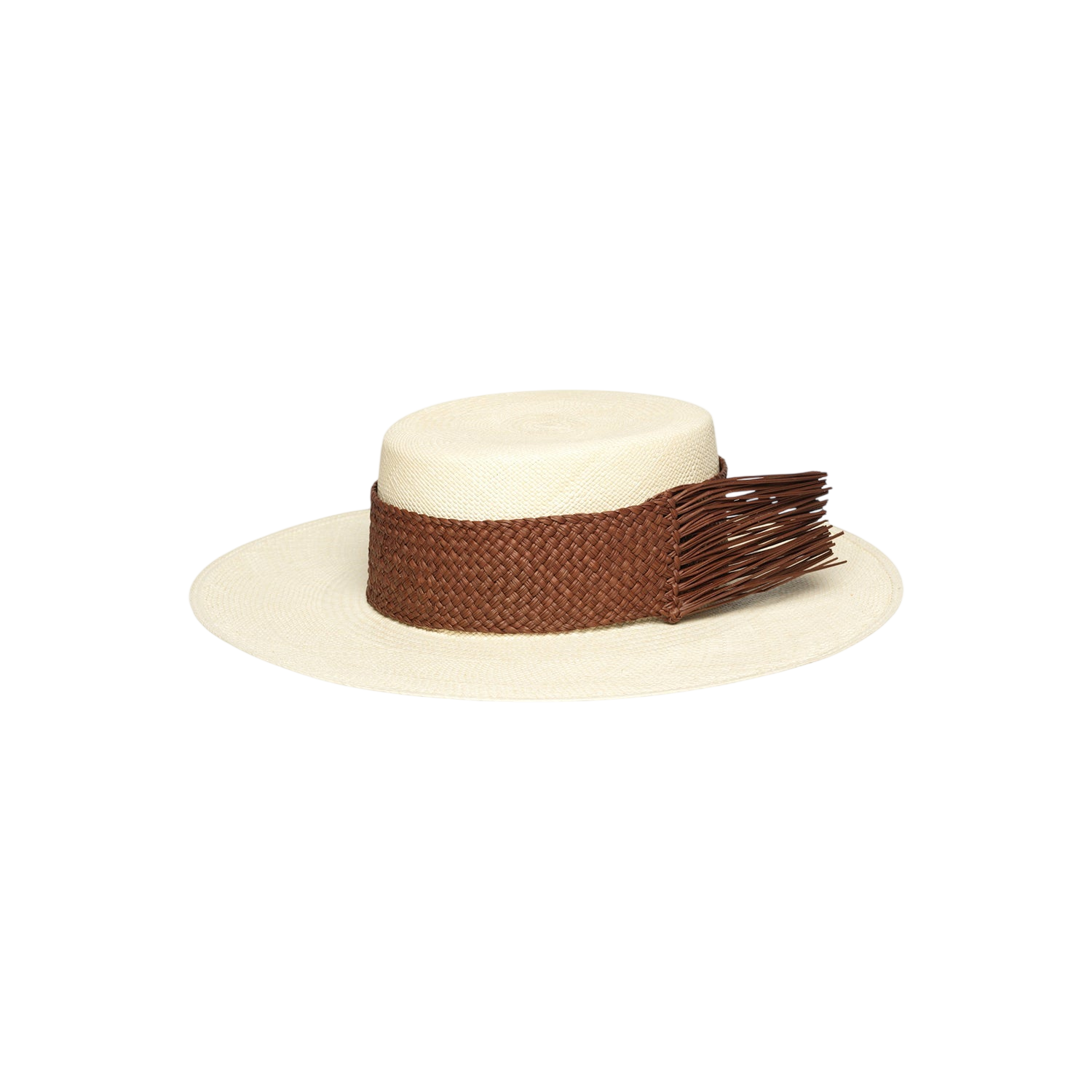 Cream-colored toquilla straw boater hat with brown woven band and fringe, sustainable design