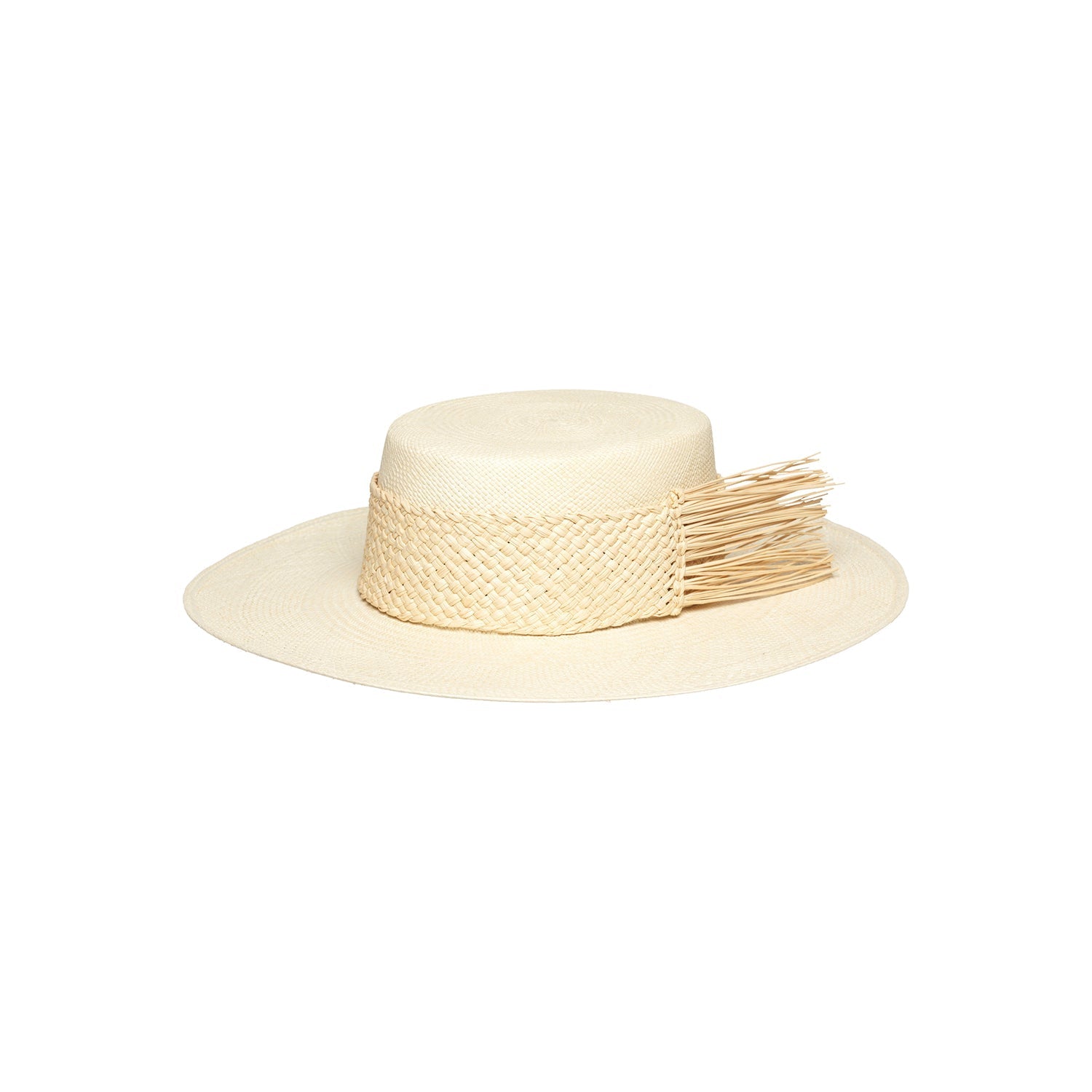 Straw boater hat with fringe, ethically handcrafted from toquilla straw as Caracara