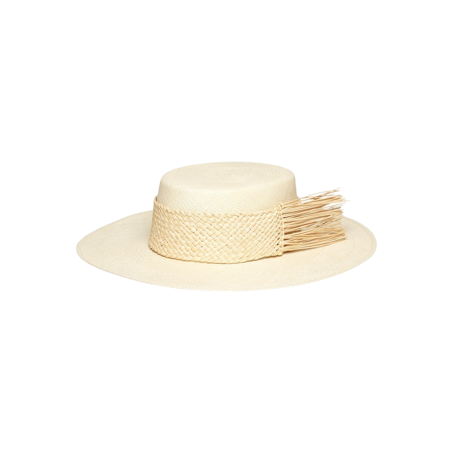 Straw boater hat with fringe, ethically handcrafted from toquilla straw as Caracara