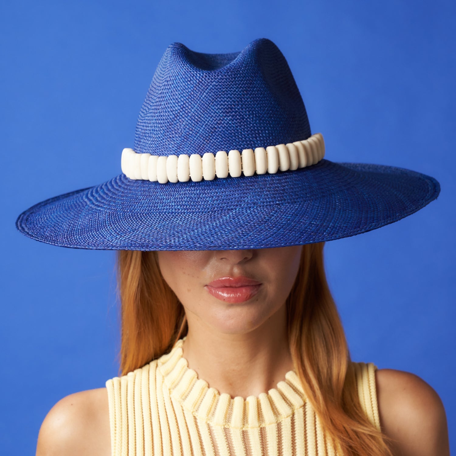 Blue Wide Brim Shayak Hat crafted from Toquilla Straw with a stylish white band