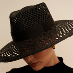 Black woven fedora with ribbon, ethically handcrafted genuine Panama hat Ravenna - Wide Brim