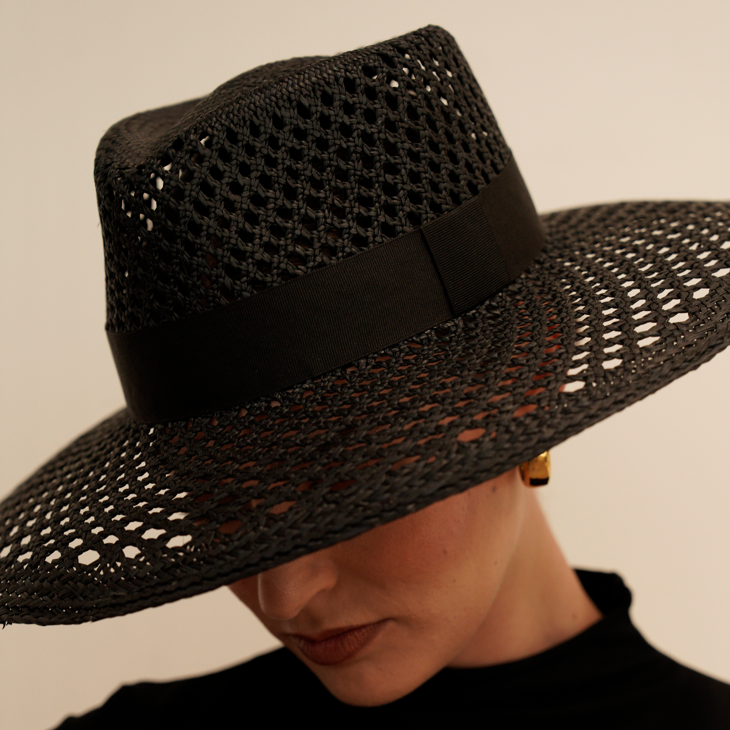 Black woven fedora with ribbon, ethically handcrafted genuine Panama hat Ravenna - Wide Brim