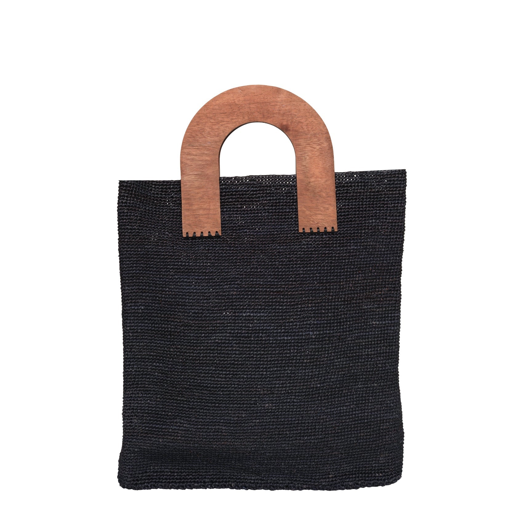 Black woven tote bag with wooden handle from Milano, ethically handcrafted for stylish use