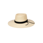 Beige Toquilla straw Puglia Wide Brim hat featuring a stylish black band
