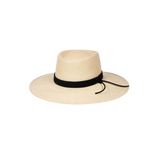 Beige Toquilla straw Puglia Wide Brim hat featuring a stylish black band
