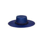 Blue woven Raku Wide Brim hat with dark trim made from toquilla straw